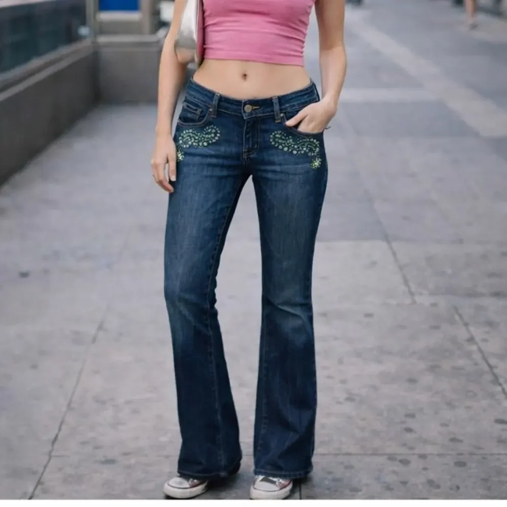 7 for all Mankind Blue Denim Embellished  boot cut Y2K jeans  30